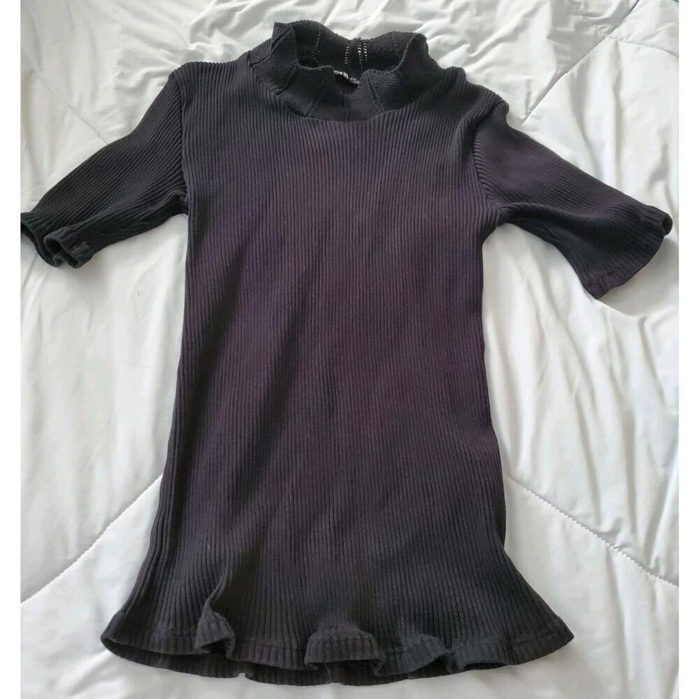 ZARA Black Ribbed Knit Top Size M – Short Sleeve, Ruffle Hem, Made in Morocco
